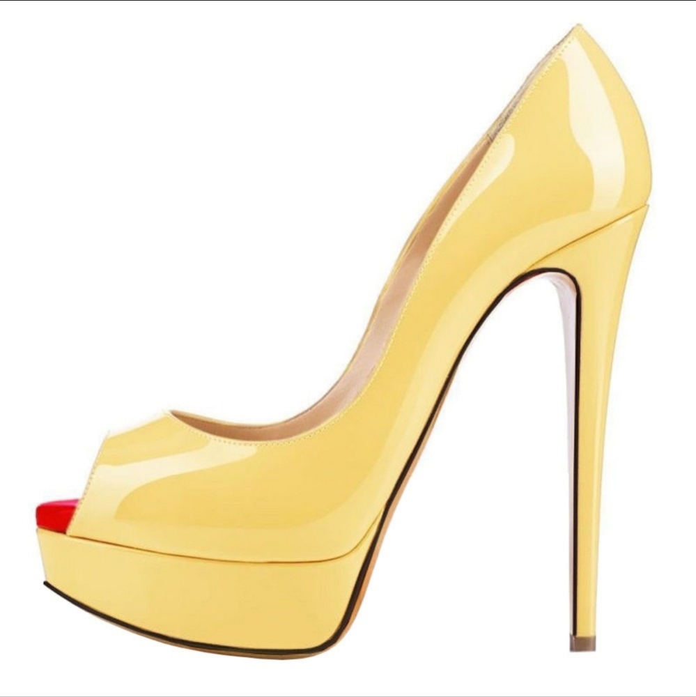 Loslandifen Yellow Patent Leather Peep toe Stiletto Patent leather Size 9
